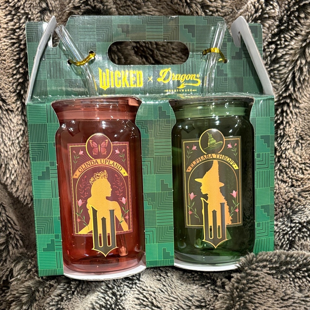 New Wicked x Dragon Glassware with straws Glinda and Elphaba